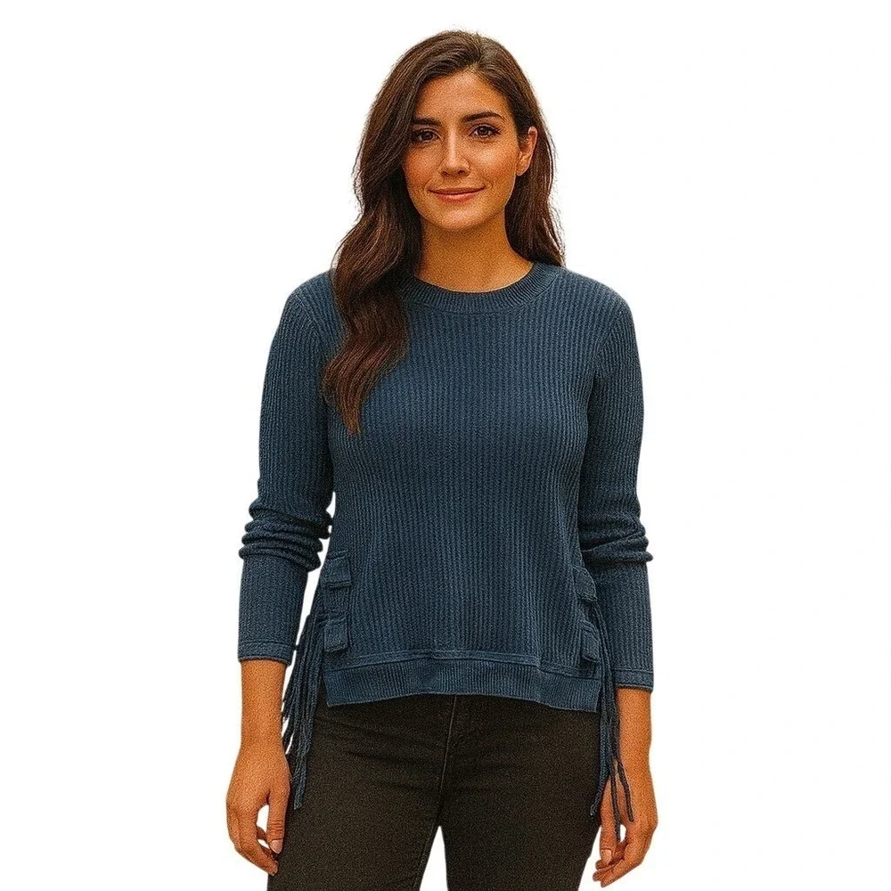Free People FP One Blue Waffle Knit‎ Tunic Sweater Lace-Up Tie Sides S
